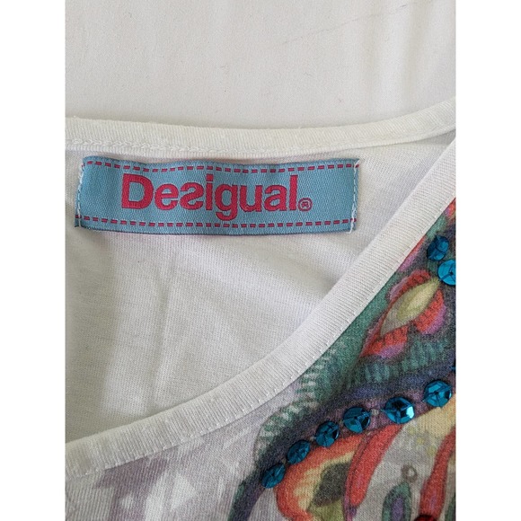 Desigual Womens Floral Sequence T shirt. Size Large Cap Sleeves White Multi - Picture 4 of 7